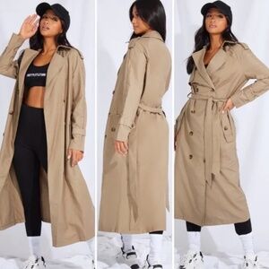PrettyLittleThing Camel Belted Trench Coat Women’s Size 4 Classic Long Jacket